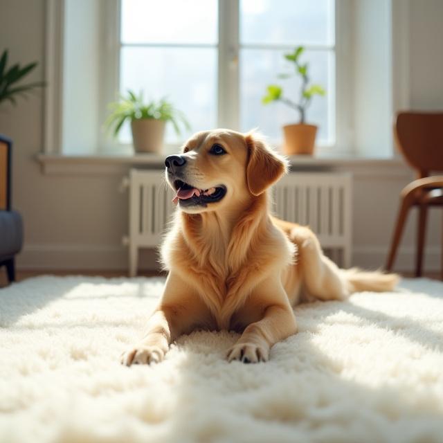 Happy dog on a clean white carpet